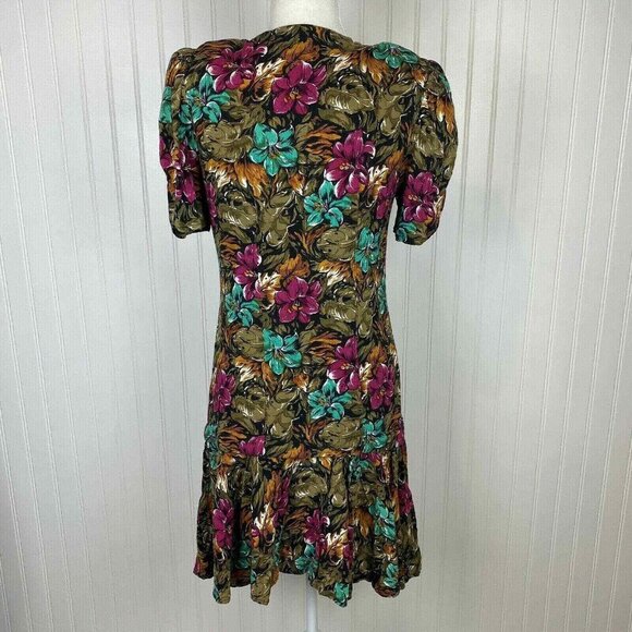 Joni Blair Midi Dress Womens 5‎ Brown VTG 80s Pleated Button Front Floral - Picture 5 of 12